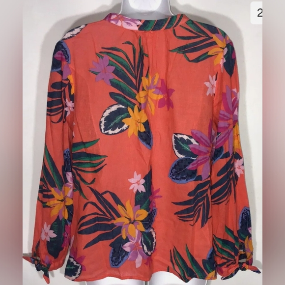 Old Navy~Relaxed Tie Cuff Linen Blend Tropical Orange Blouse - Picture 11 of 15